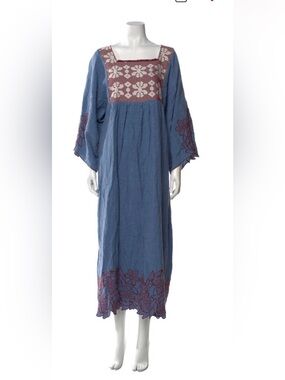 Matta Blue Maxi Dress with Burgundy Embroidery